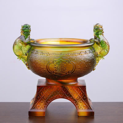 Buddha Stones Handmade Liuli Crystal PiXiu Treasure Bowl Art Piece Home Decoration Decorations BS Green