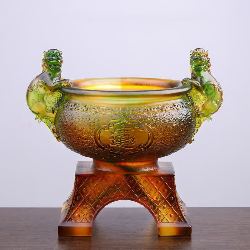 Buddha Stones Handmade Liuli Crystal PiXiu Treasure Bowl Art Piece Home Decoration Decorations BS Green