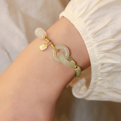 Buddha Stones Natural Hetian Jade Bead Double Peace Buckle Fu Character Abundance Braided Bracelet Bracelet BS 20