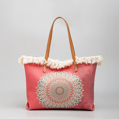 Buddha Stones Large Capacity Dreamcatcher Mandala Tassel Canvas Tote Shoulder Bag Shoulder Bag BS Mandala 50*10*30cm