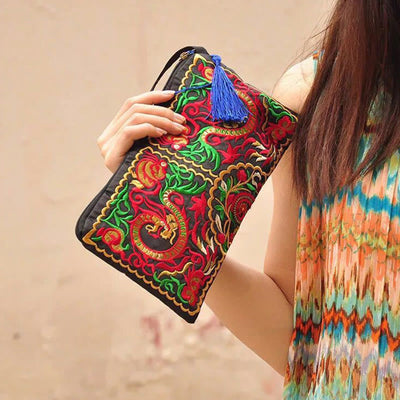 Buddha Stones Dragon Butterfly Cosmos Flower Embroidery Wallet Shopping Purse Purse BS Dragon 14*25cm
