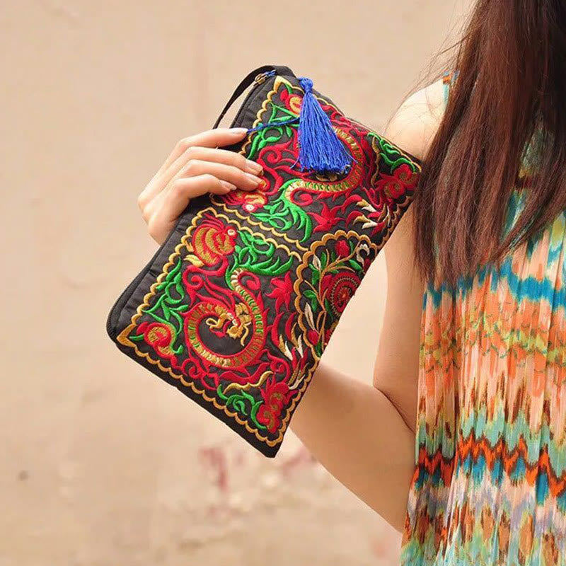 Buddha Stones Dragon Butterfly Cosmos Flower Embroidery Wallet Shopping Purse Purse BS Dragon 14*25cm