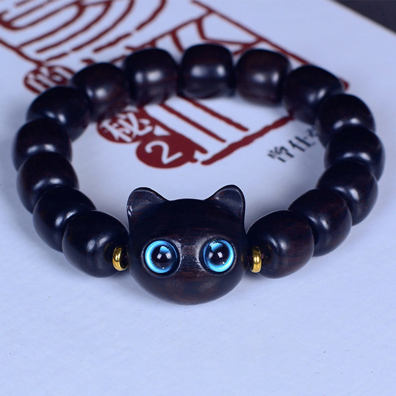 Buddha Stones Ebony Wood Liuli Glass Lovely Cat Peace Balance Bracelet Bracelet BS Ebony 12*11mm*15 Beads(Wrist Circumference 14-16cm)