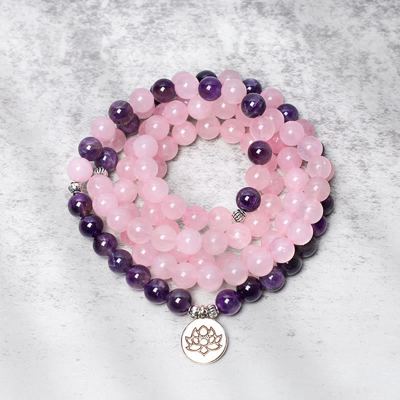 Buddha Stones Natural Rose Quartz & Amethyst Mala Bead Lotus Pendant Bracelet - image 2