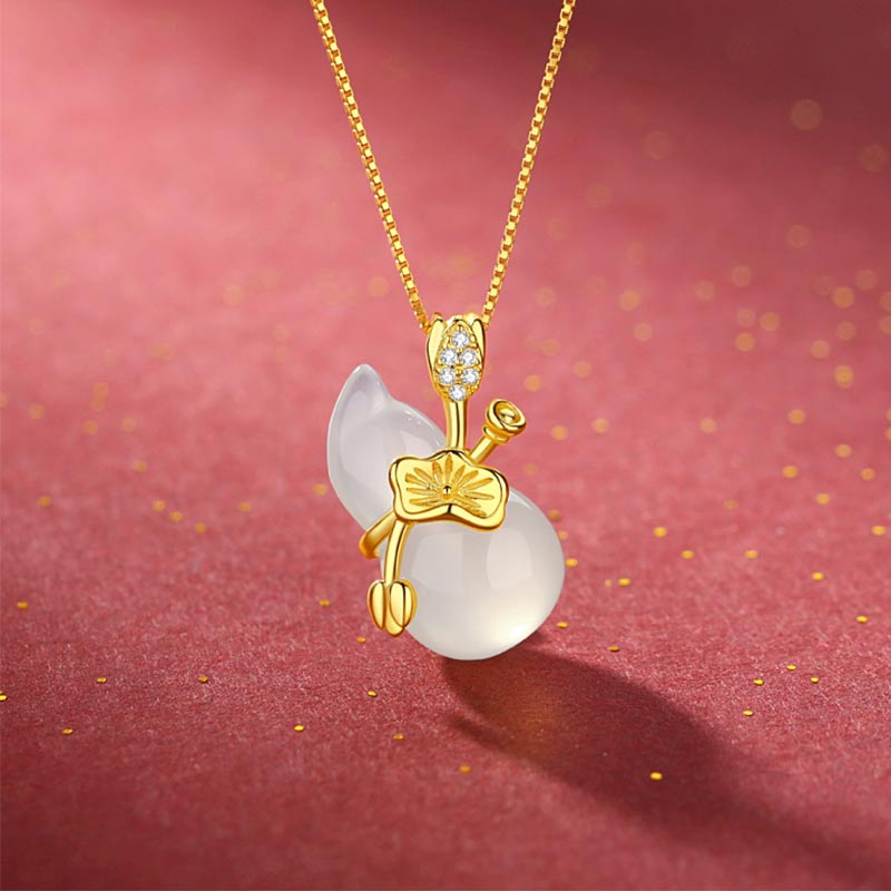 Buddha Stones Cyan Jade Gourd Lotus Leaf Abundance Pendant Necklace Necklaces & Pendants BS White Jade