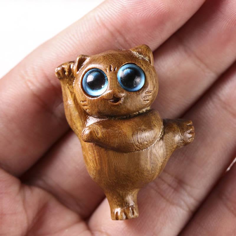 Buddha Stones Mini Green Sandalwood Dancing Cat Engraved Positive Desk Decorations Decorations BS 7