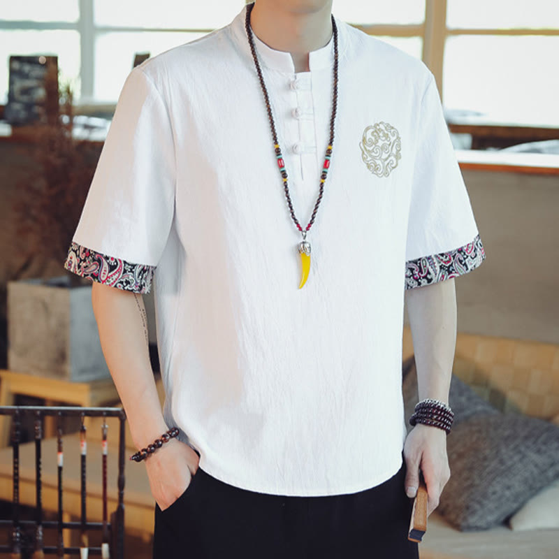 Buddha Stones Frog-Button Dragon Embroidery Chinese Tang Suit Short Sleeve Shirt Linen Men Clothing Men's Shirts BS 19