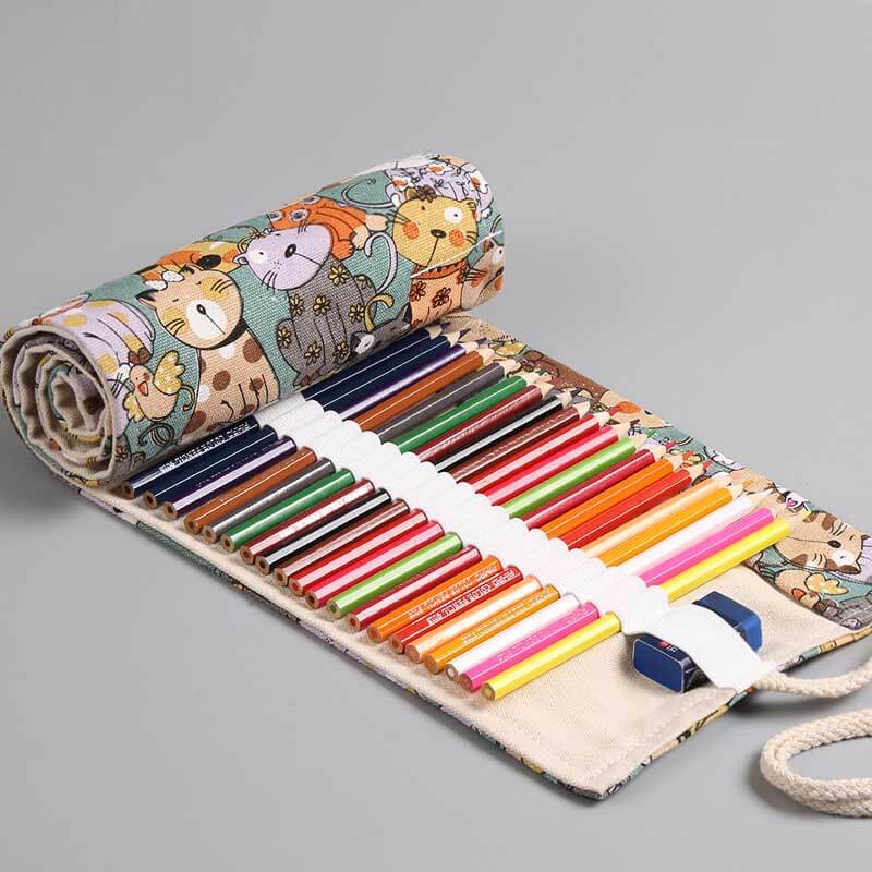 Fidtoy 36-Hole Rolling Pencil Case for Kids and Artists, Canvas Pencil Roll Organizer with Cartoon Cat Design