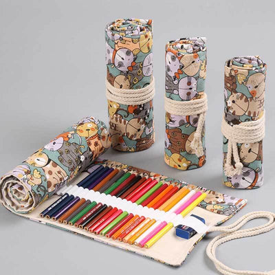Fidtoy 36-Hole Rolling Pencil Case for Kids and Artists, Canvas Pencil Roll Organizer with Cartoon Cat Design