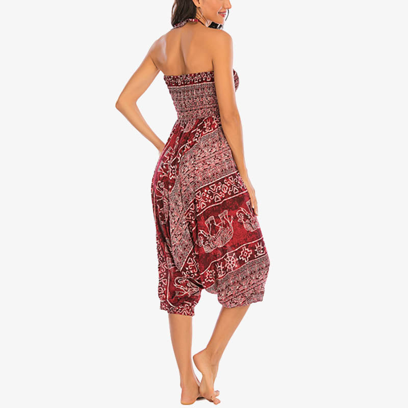 Buddha Stones Two Style Wear Elephant Pattern Loose Smocked Harem Trousers Jumpsuit Women's Yoga Pants Harem Pants&Bodysuit BS 8