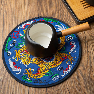 Buddha Stones Dragon Embroidery Cup Mat Pad Tea Cup Coaster Kung Fu Tea Mat Tea Mat BS 12