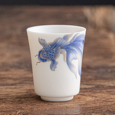 Buddha Stones Koi Fish White Porcelain Ceramic Teacup Kung Fu Tea Cup Cup BS Blue Koi Fish 5.2cm*6.3cm*65ml