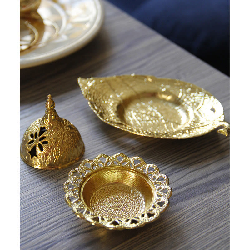 Buddha Stones Tibetan Gold Mini Leaf Coaster Meditation Incense Burner Incense Burner BS 5