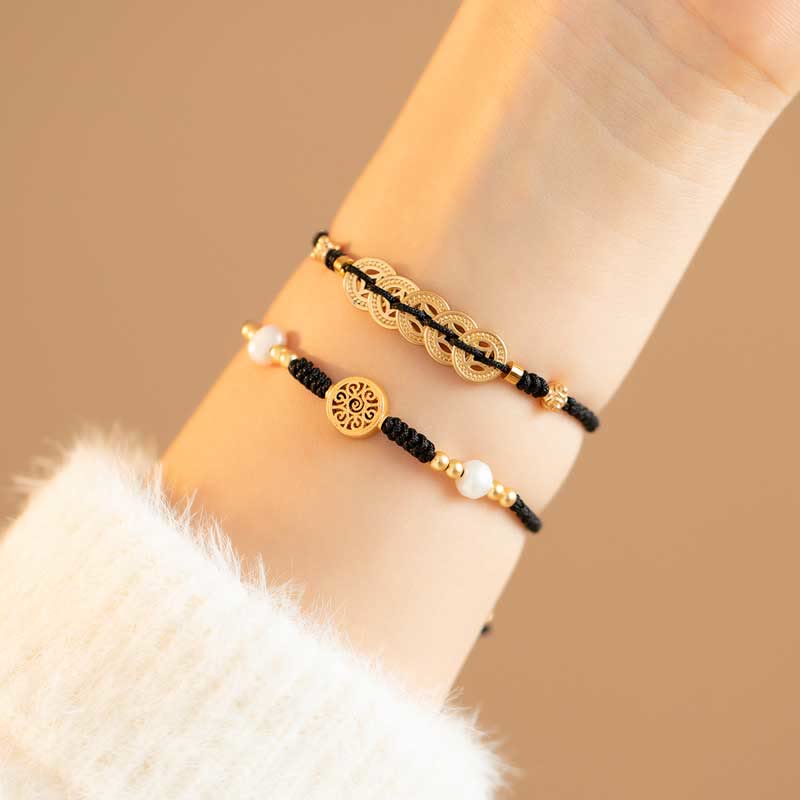 Buddha Stones Copper Coin Fortune Tree Luck Strength Braided Bracelet Bracelet BS 2Pcs(Copper Coin&Fortune Tree) Black(Wrist Circumference 14-18cm)