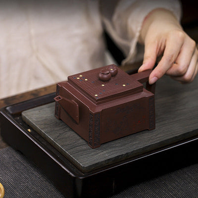 Buddha Stones Yixing All Handmade Gomoku Playing Chess Purple Clay Kung Fu Square Teapot 280ml Teapot BS 6