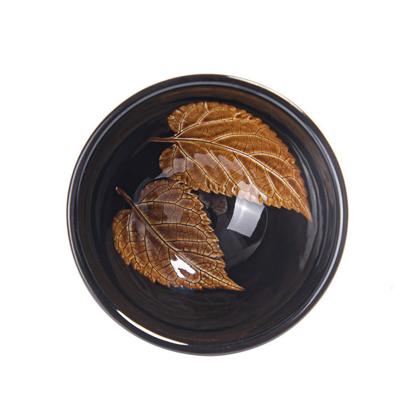Buddha Stones Gold Maple Leaf Chinese Jianzhan Ceramic Teacup Tenmoku Kung Fu Tea Cup Bowl Jian Zhan Tea Cup BS 6