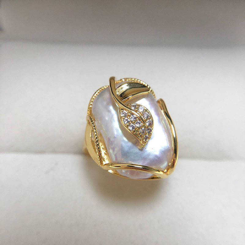 Buddha Stones Pearl Copper Plated Gold Flower Happiness Wealth Ring Ring BS 9
