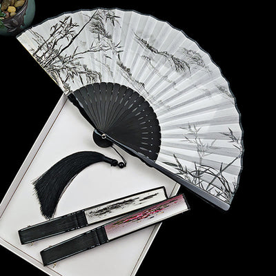 Buddha Stones Vintage Bamboo Peony Butterfly Lotus Handheld Silk Folding Fan With Bamboo Frames Folding Fan BS 2