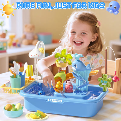 Pretend Play Kitchen Sink with Real Running Water -4-in-1 Water Play Table, Floating Pool, Fishing & Duck Slide Game - Interactive Washing Up Toy for Toddlers & Kids (Blue