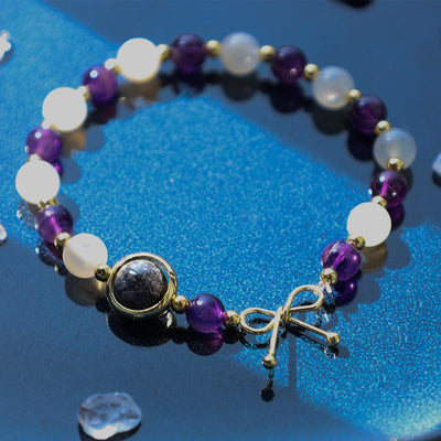 Buddha Stones Amethyst Cat Eye Black Rutilated Quartz Spiritual Bead Bracelet Bracelet BS 5