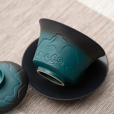 Buddha Stones Retro Blue Ocean Sea Waves Gradient Ceramic Gaiwan Sancai Teacup Kung Fu Tea Cup And Saucer With Lid Cup BS 8
