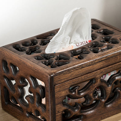 Buddha Stones Retro Wooden Tissue Box Engraved Wooden Tissue Holder Wipes Boxes Decoration Decorations BS 6
