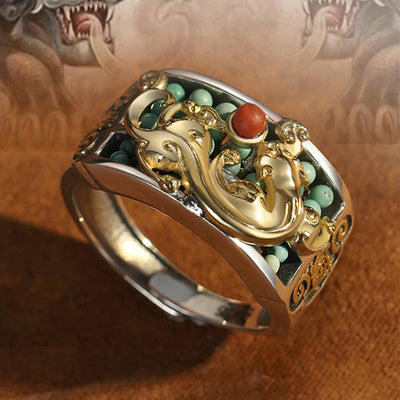 Buddha Stones 925 Sterling Silver Turquoise Red Agate PiXiu Abacus Protection Ring Ring BS 1
