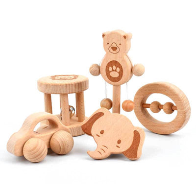 Fidtoy Wooden Baby Rattle & Teether Toy Set – Montessori Sensory & Motor Skill Development