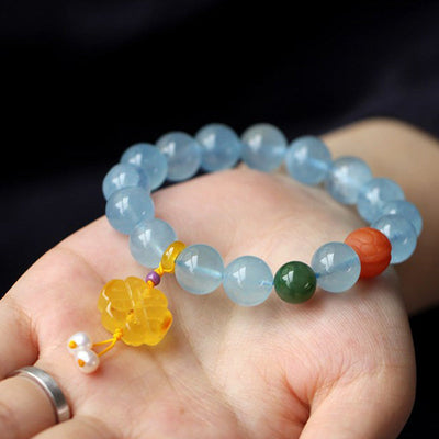 Buddha Stones Natural Aquamarine Amber Chinese Knotting Charm Peace Bracelet Bracelet BS 4