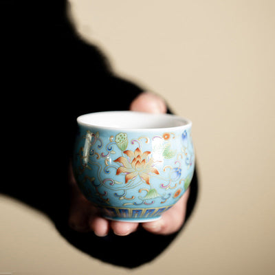 Buddha Stones Lotus Flower Pod Pattern Ceramic Teacup Kung Fu Tea Cup 80ml Cup BS Blue Lotus Cup 6.3cm*4.8cm*80ml