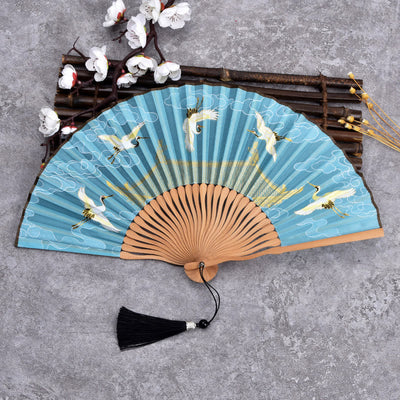 Buddha Stones Vintage Cloud Crane Pattern Handheld Bamboo Folding Fan - Sky Blue - image 4