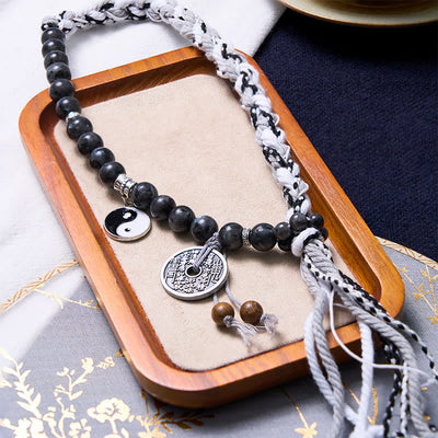 Buddha Stones Black Glitter Stone Cat's Eye Yin Yang Mountain Ghosts Spend Money Power Double Layer Rope Bracelet Bracelet BS 8
