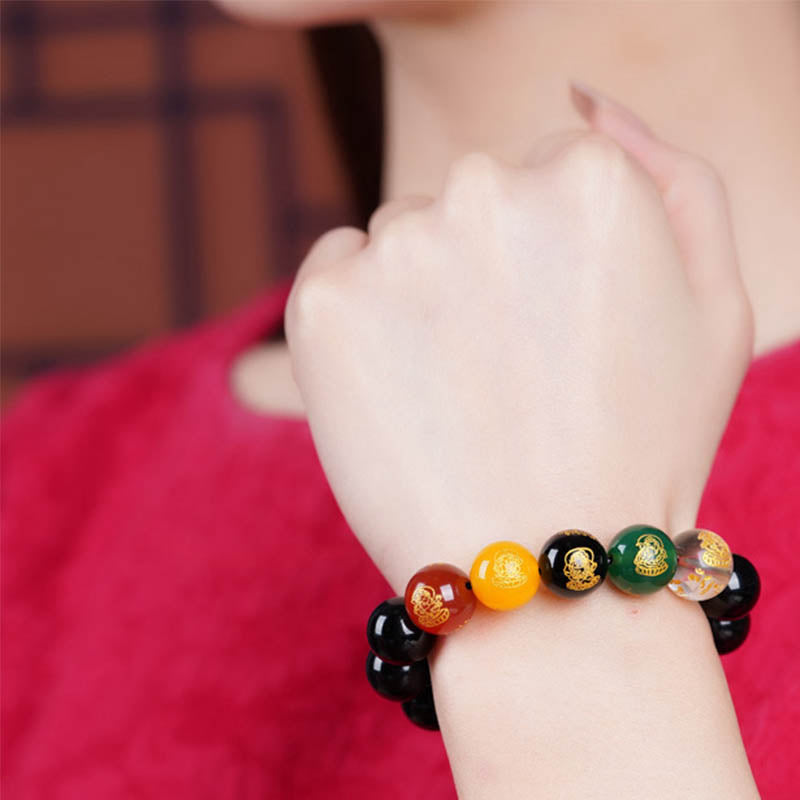 Buddha Stones Gold Sheen Obsidian Rainbow Obsidian Black Obsidian Five Directions Gods of Wealth Bracelet Bracelet BS 11
