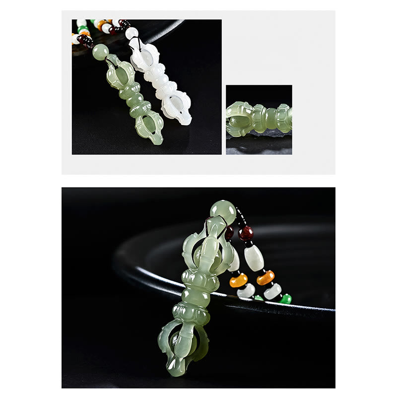 Buddha Stones Tibetan Natural Hetian Cyan Jade White Jade Dorje Vajra Engraved Success Necklace Pendant Necklaces & Pendants BS 6