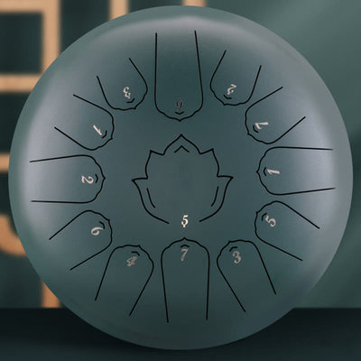 Buddha Stones Steel Tongue Drum Sound Healing Mindfulness Lotus Pattern Yoga Drum Kit 13 Note 12 Inch Percussion Instrument Tongue Drum BS DarkGreen