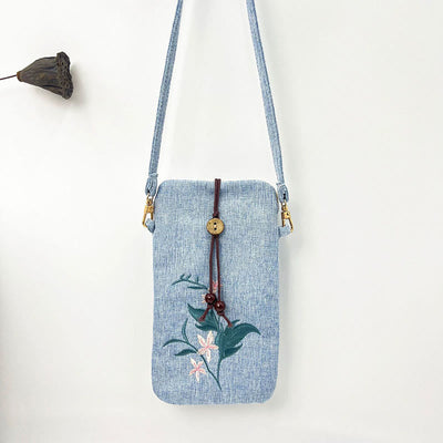 Buddha Stones Small Embroidered Flowers Crossbody Bag Shoulder Bag Cellphone Bag 11*20cm Crossbody Bag BS Light Blue Pink Flower 11*20cm