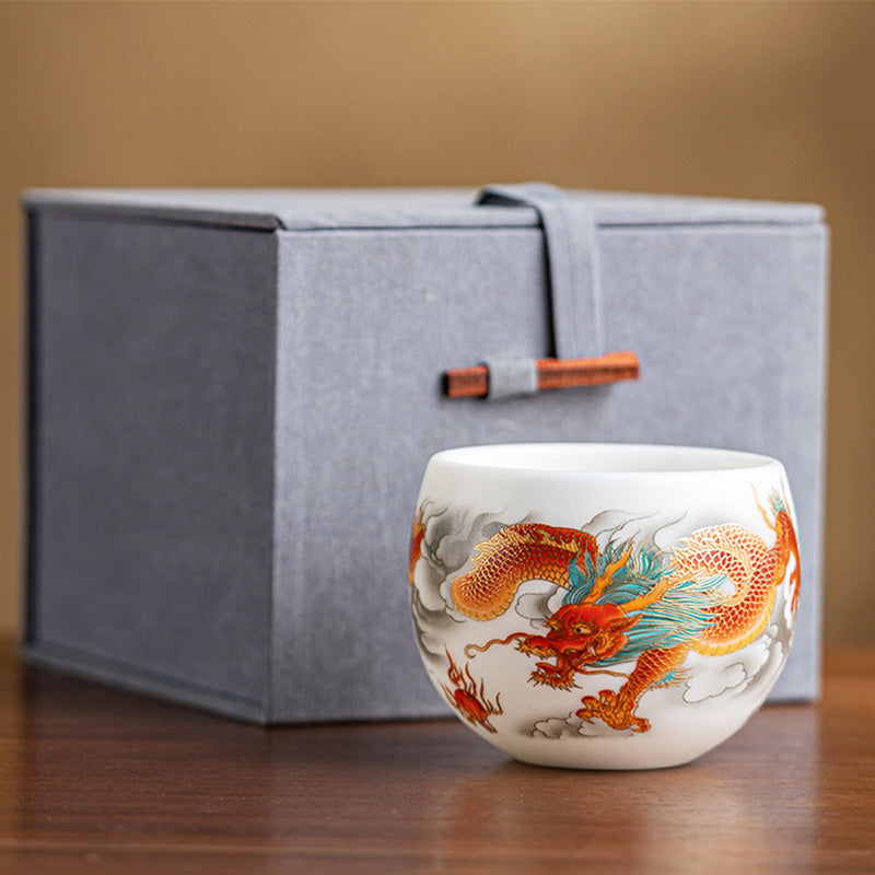 Buddha Stones Dragon Phoenix Auspicious Clouds Ceramic Teacup Kung Fu Tea Cup With Gift Box Cup BS Red Dragon 6.5cm*5.5cm*130ml(Gift Box)