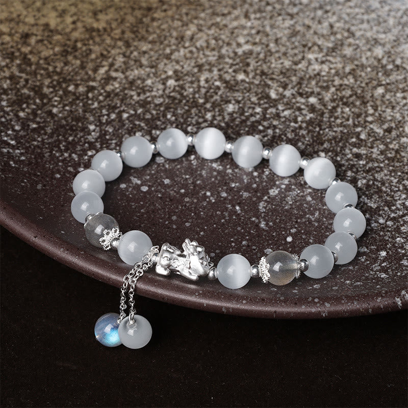 Buddha Stones Natural Cat's Eye Moonstone Strawberry Quartz PiXiu Support Bracelet Bracelet BS 1