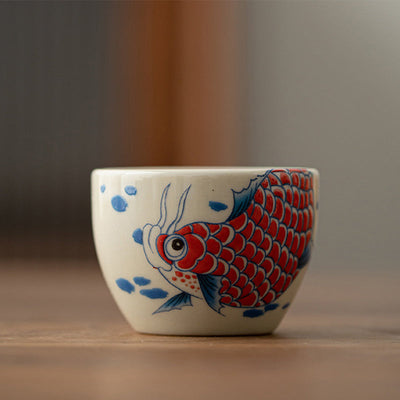 Buddha Stones Koi Fish Arowana Peony Sunflower Ceramic Teacup Kung Fu Tea Cup 60ml Cup BS 2