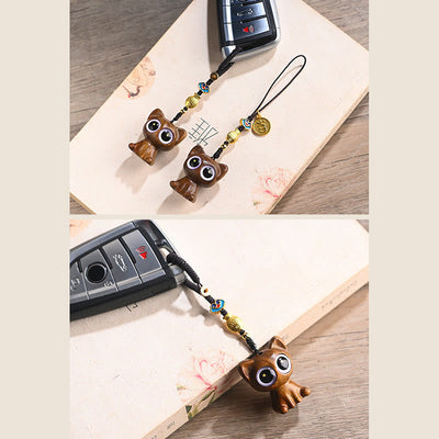 Buddha Stones Green Sandalwood Lucky Cat Koi Fish Cure Key Chain Phone Hanging Decoration Key Chain BS 26