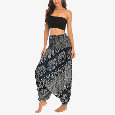 Buddha Stones Two Style Wear Elephant Pattern Loose Smocked Harem Trousers Jumpsuit Women's Yoga Pants Harem Pants&Bodysuit BS 26
