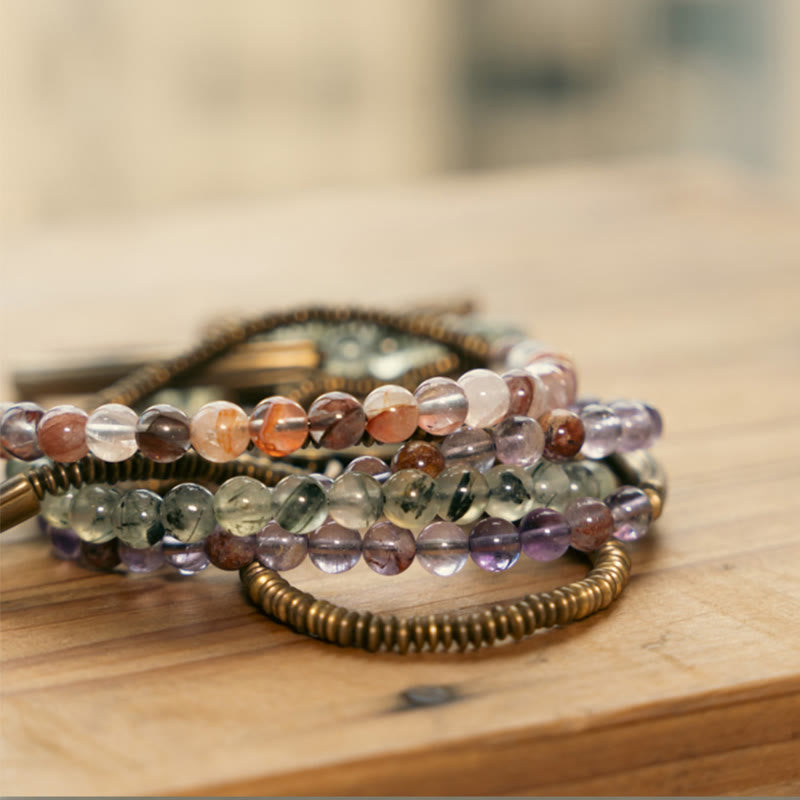 Buddha Stones Purple Phantom Red Hematoid Quartz Green Rutilated Quartz Copper Love Forgive Bracelet Bracelet BS 25
