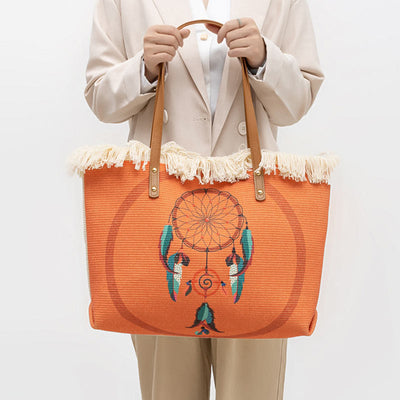 Buddha Stones Large Capacity Dreamcatcher Mandala Tassel Canvas Tote Shoulder Bag Shoulder Bag BS Dreamcatcher 50*10*30cm