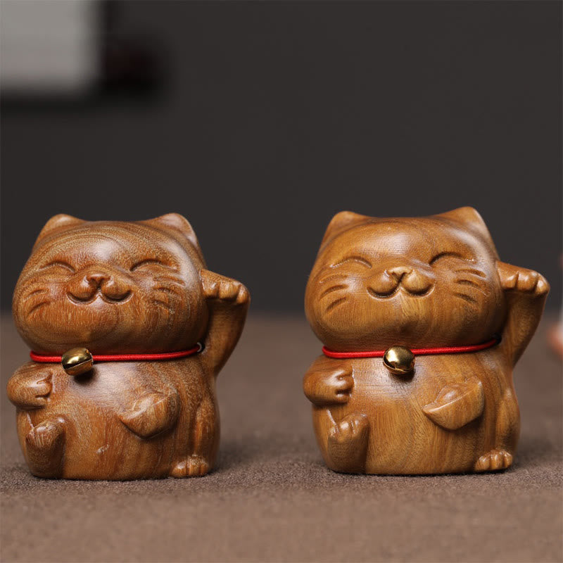 Buddha Stones Green Sandalwood Small Mini Cute Lucky Cat Peace Decorations Decorations BS 12