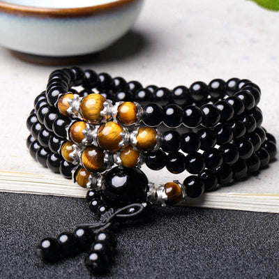 Buddha Stones 108 Beads Natural Black Obsidian Tiger Eye Mala Bracelet Mala Bracelet BS 6