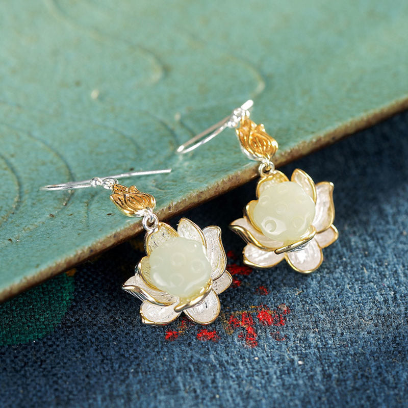Buddha Stones White Jade Protection Harmony Drop Earrings Earrings BS 6