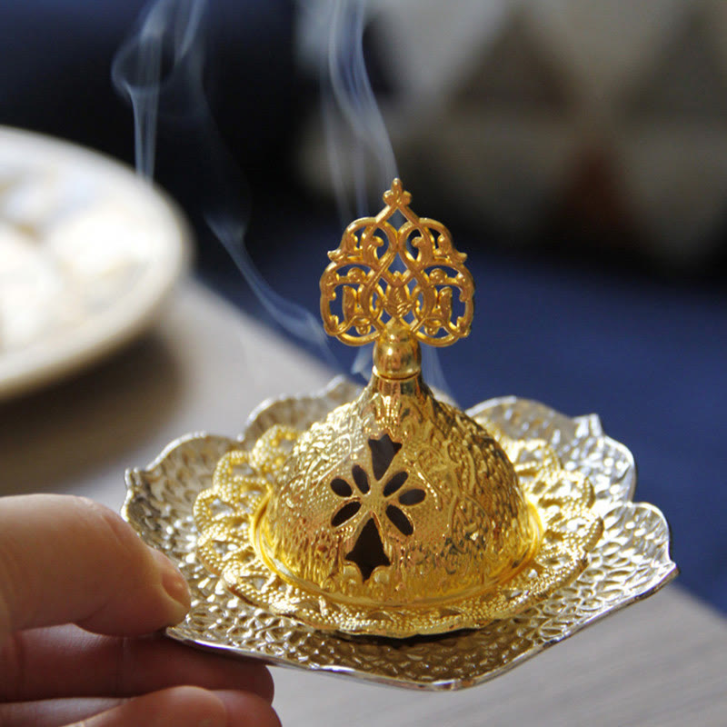 Buddha Stones Gold Leaf Coaster Spiritual Mini Alloy Metal Incense Burner Incense Burner BS Silver Leaf Coaster&Mini Incense Burner