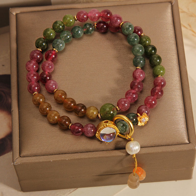 Buddha Stones Multicolored Tourmaline Positive Double Wrap Gourd Charm Bracelet Bracelet BS 3