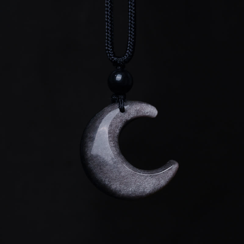Buddha Stones Natural Silver Sheen Obsidian Selenite Crystal Crescent Moon Yin Yang Couple Protection Necklace Pendant Necklaces & Pendants BS 2
