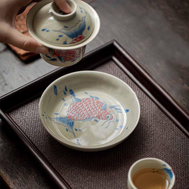 Buddha Stones Koi Fish Arowana Ceramic Gaiwan Sancai Teacup Kung Fu Tea Cup With Lid 130ml Cup BS 7